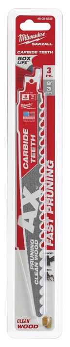Milwaukee AX 48-00-5332 Pruning Blade, 9 in Blade, 3 TPI, Carbide Blade, For: Reciprocating Saws