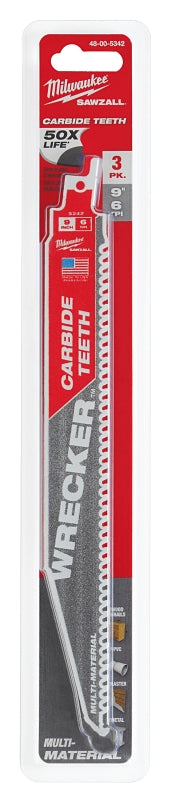 Milwaukee SAWZALL 48-00-5342 Reciprocating Saw Blade, 1 in W, 9 in L, 6 TPI, Carbide Cutting Edge