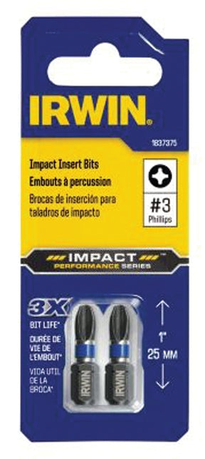 Irwin IWAF31PH32 Impact Power Bit, PH3 Drive, Phillips Drive, 1/4 in Shank, Hex Shank, 1 in L, Steel