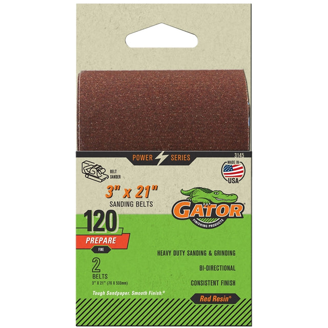 Gator Red Resin 3145 Sanding Belt, 3 in W, 21 in L, 120 Grit, Fine, Aluminum Oxide Abrasive