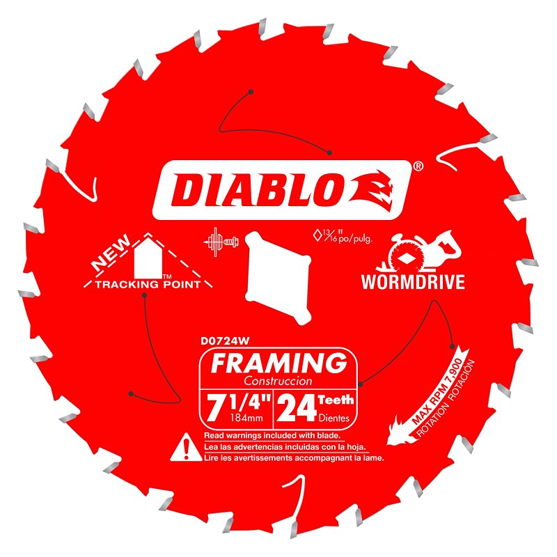 Diablo D0724W Circular Saw Blade, 7-1/4 in Dia, 5/8 in Arbor, 10,000 rpm, 24-Teeth, Carbide Cutting Edge, Pack of 10