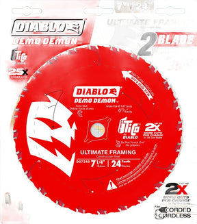Diablo Demo Demon D0724DVPX Circular Saw Blade, 7-1/4 in Dia, 5/8 in Arbor, 24-Teeth, Carbide Cutting Edge, Pack of 10