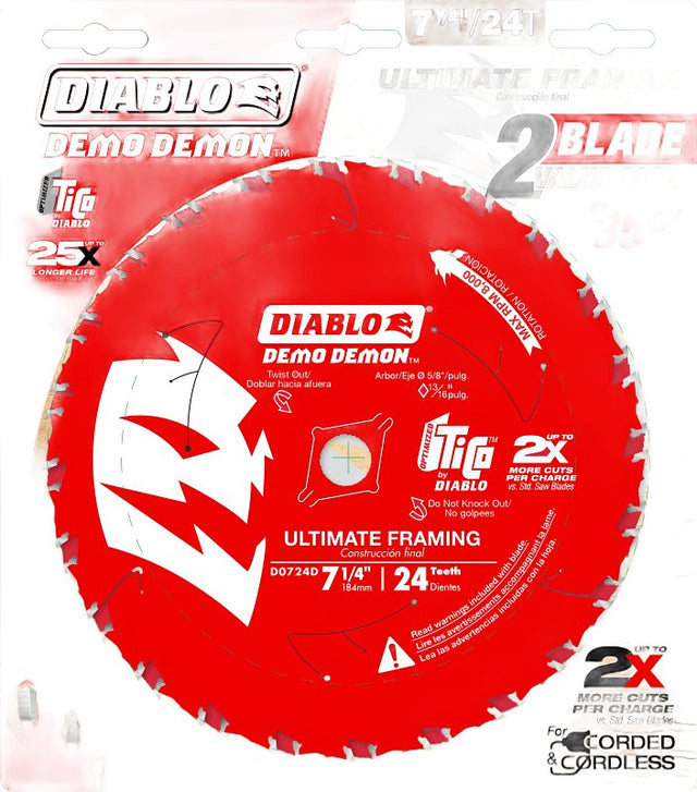 Diablo Demo Demon D0724DVPX Circular Saw Blade, 7-1/4 in Dia, 5/8 in Arbor, 24-Teeth, Carbide Cutting Edge, Pack of 10