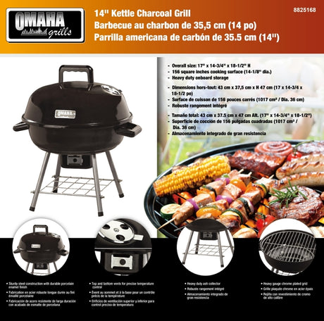 Omaha GY22014I Charcoal Kettle Grill, 1-Grate, Black, Steel Body