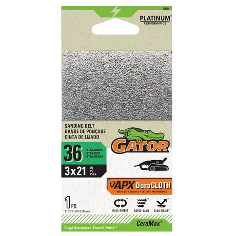 Gator CeraMax 7091 Portable Sander Belt, 3 in W, 21 in L, 36 Grit, Ceramic Abrasive