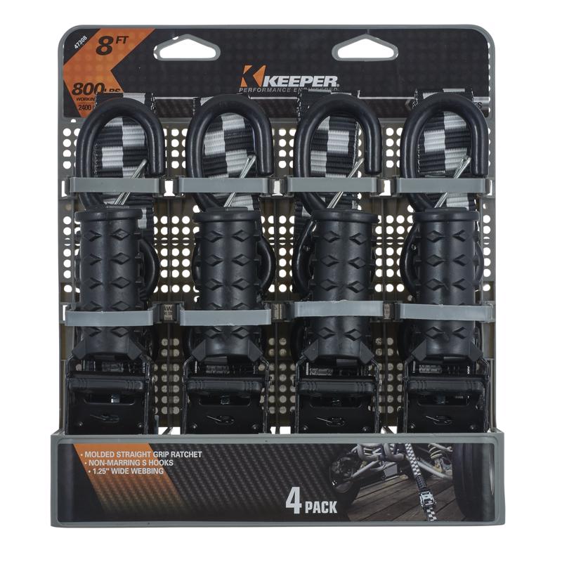Keeper 1.25 in. W X 8 ft. L Black/Gray Tie Down w/Ratchet 800 lb 4 pk