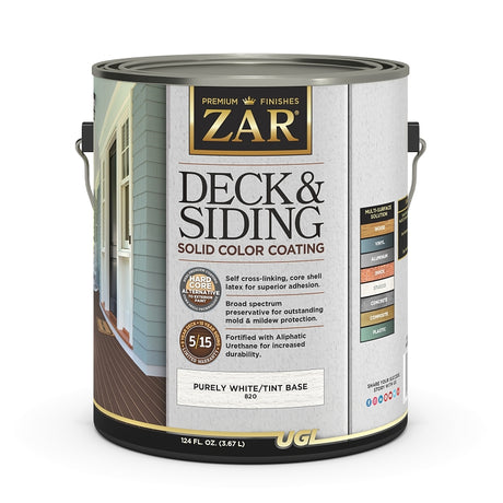 ZAR 82013 Deck and Siding Solid Color Coating, Light Tint Base/Purely White, Liquid, 1 gal