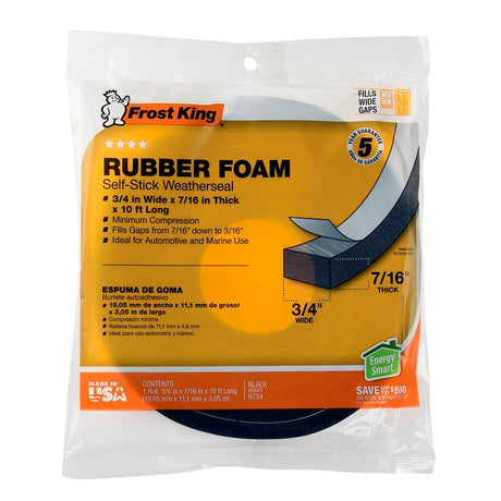 Frost King R734H Foam Tape, 3/4 in W, 10 ft L, 7/16 in Thick, Rubber, Black