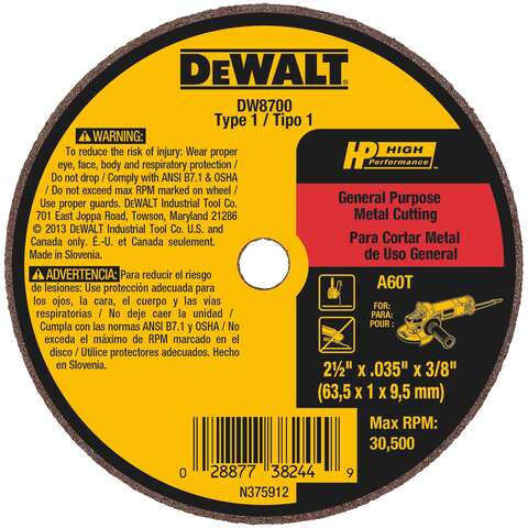 DeWalt 2-1/2 in. D X 3/8 in. Aluminum Oxide Cutting Wheel