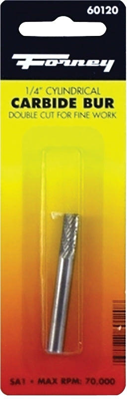 Forney 60120 Burr, 1/4 in Dia Cutting, 1/4 in Shank, 2 in L, Cylinder Shank, Tungsten Carbide Cutting Edge