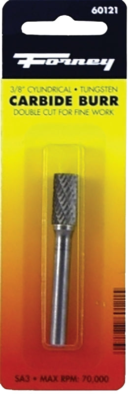 Forney 60121 Burr, 3/8 in Dia Cutting, 1/4 in Shank, Cylinder Shank, Tungsten Carbide Cutting Edge