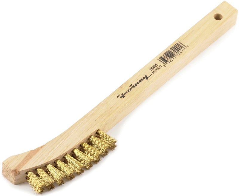 Forney 70491 Scratch Brush, 1-1/2 in W Brush, Brass Bristle, 0.006 in L Trim, Wood Handle, Curved Handle