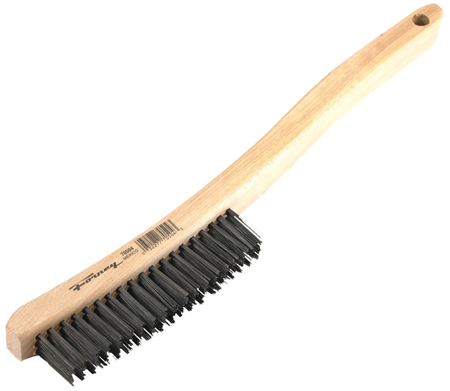 Forney 70504 Scratch Brush, Carbon Steel Bristle, 0.014 in L Trim, Wood Handle, Curved Handle