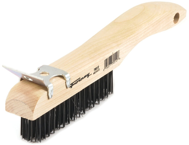 Forney 70512 Scratch Brush with Scraper, Carbon Steel Bristle, 0.014 in L Trim, Wood Handle, Shoe Handle