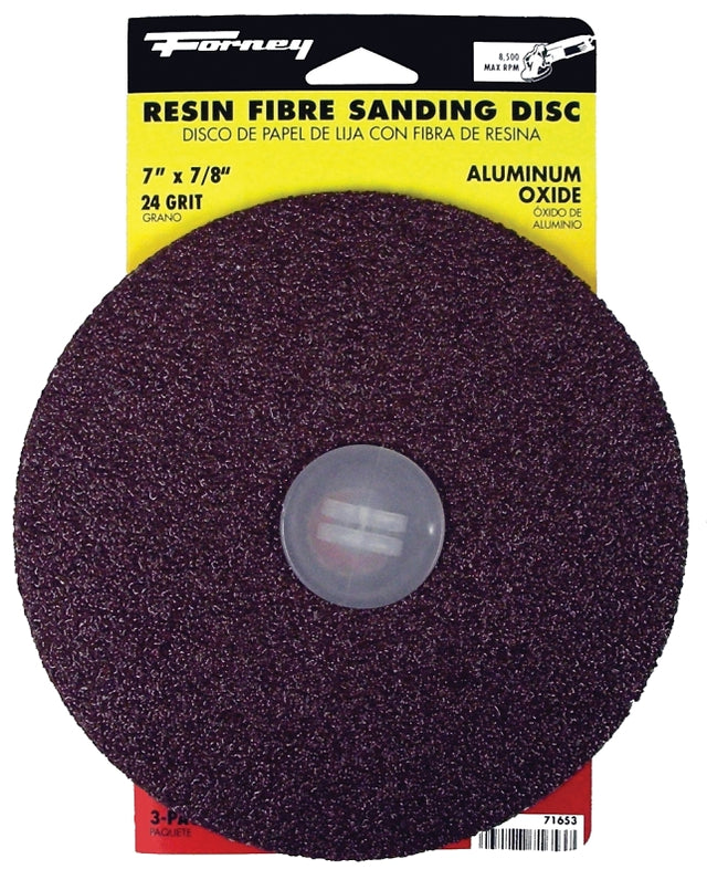 Forney 71653 Sanding Disc, 7 in Dia, 7/8 in Arbor, 24 Grit, Extra Coarse, Aluminum Oxide Abrasive, Fiber Backing