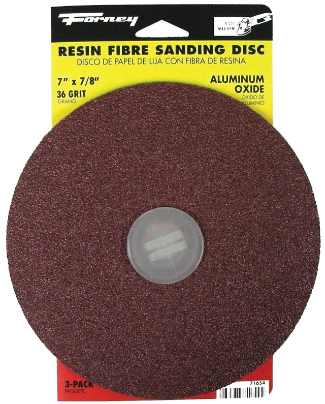 Forney 71654 Sanding Disc, 7 in Dia, 7/8 in Arbor, 36 Grit, Extra Coarse, Aluminum Oxide Abrasive, Fiber Backing