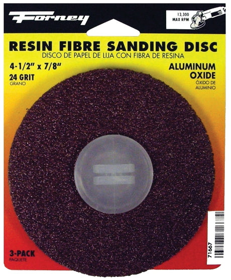 Forney 71667 Sanding Disc, 4-1/2 in Dia, 7/8 in Arbor, 24 Grit, Extra Coarse, Aluminum Oxide Abrasive, Fiber Backing