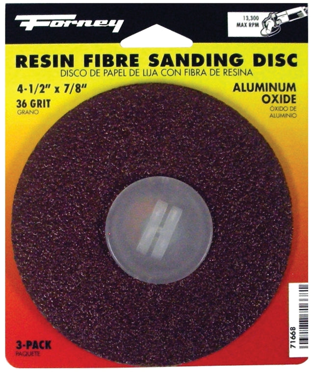 Forney 71668 Sanding Disc, 4-1/2 in Dia, 7/8 in Arbor, 36 Grit, Extra Coarse, Aluminum Oxide Abrasive, Fiber Backing