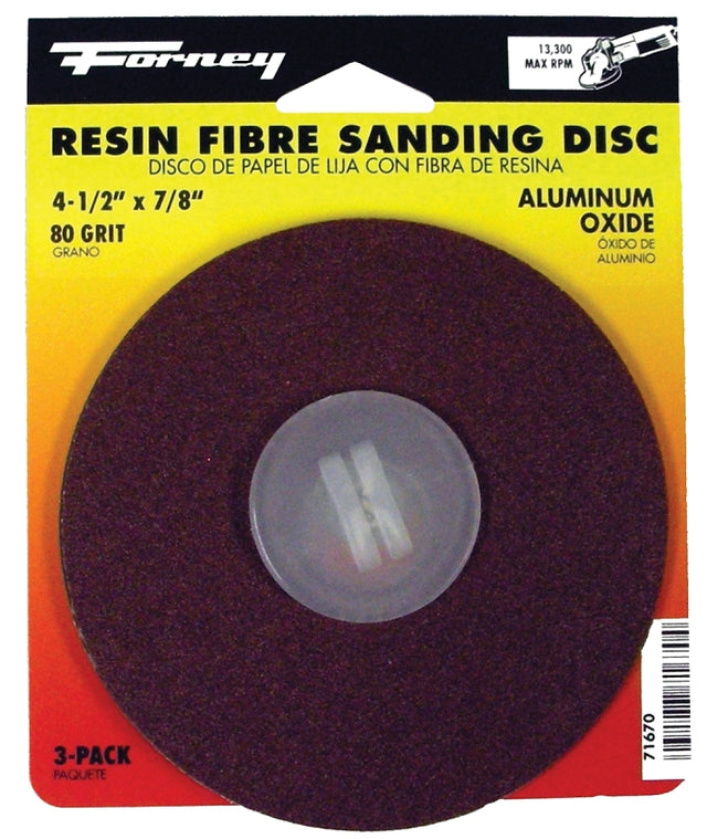 Forney 71670 Sanding Disc, 4-1/2 in Dia, 7/8 in Arbor, 80 Grit, Medium, Aluminum Oxide Abrasive, Fiber Backing