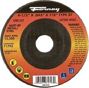 Forney 71793 Cut-Off Wheel, 4-1/2 in Dia, 0.045 in Thick, 7/8 in Arbor, 60 Grit, Aluminum Oxide Abrasive, Medium