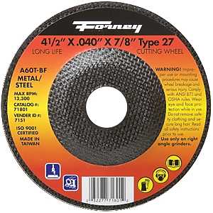 Forney 71801 Cut-Off Wheel, 4-1/2 in Dia, 0.04 in Thick, 7/8 in Arbor, 60 Grit, Aluminum Oxide Abrasive, Medium