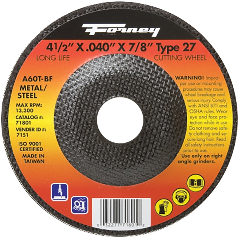 Forney 71801 Cut-Off Wheel, 4-1/2 in Dia, 0.04 in Thick, 7/8 in Arbor, 60 Grit, Aluminum Oxide Abrasive, Medium