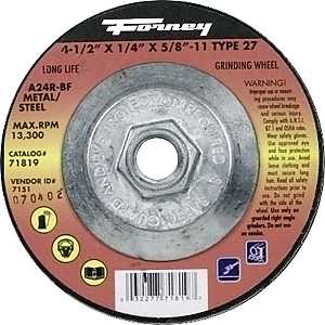 Forney 71819 Grinding Wheel, 4-1/2 in Dia, 1/4 in Thick, 5/8-11 in Arbor, 24 Grit, Coarse, Aluminum Oxide Abrasive