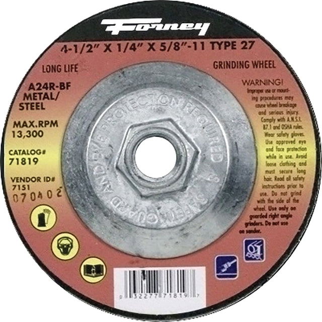 Forney 71819 Grinding Wheel, 4-1/2 in Dia, 1/4 in Thick, 5/8-11 Arbor, 24 Grit, Coarse, Aluminum Oxide Abrasive
