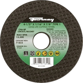 Forney 71852 Cut-Off Wheel, 4-1/2 in Dia, 1/16 in Thick, 7/8 in Arbor, 24 Grit, Coarse, Silicon Carbide Abrasive