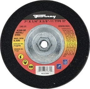 Forney 71879 Grinding Wheel, 7 in Dia, 1/4 in Thick, 5/8-11 Arbor, 24 Grit, Coarse, Aluminum Oxide Abrasive