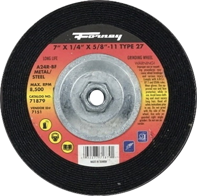 Forney 71879 Grinding Wheel, 7 in Dia, 1/4 in Thick, 5/8-11 Arbor, 24 Grit, Coarse, Aluminum Oxide Abrasive