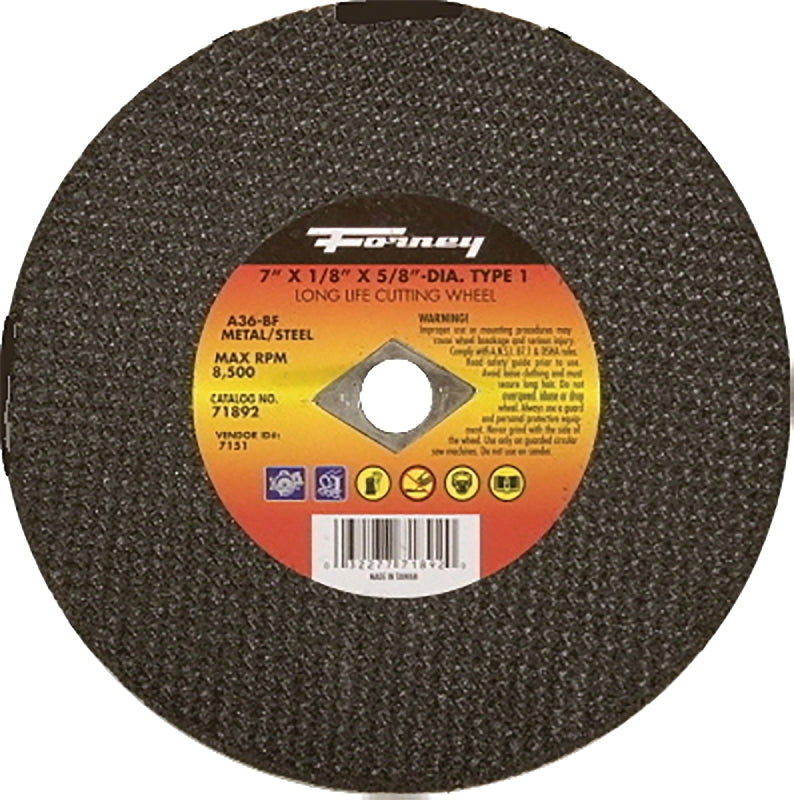 Forney 71892 Cut-Off Wheel, 7 in Dia, 1/8 in Thick, 5/8 in Arbor, 24 Grit, Coarse, Aluminum Oxide Abrasive