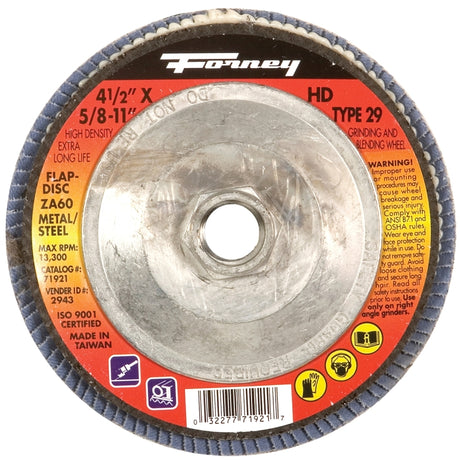 Forney 71921 Flap Disc, 4-1/2 in Dia, 5/8-11 Arbor, 60 Grit, Medium, Alumina Zirconium Abrasive, Fiberglass Backing