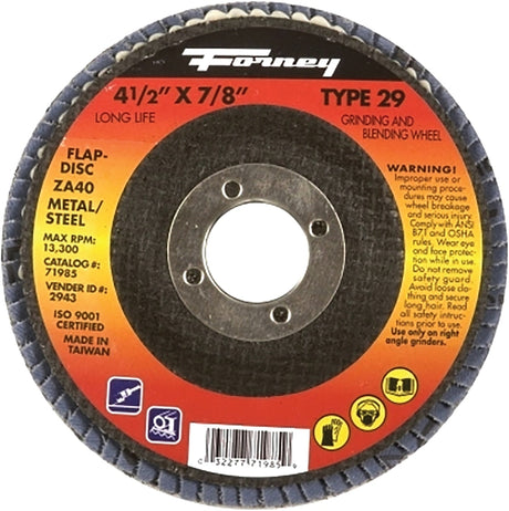 Forney 71926 Flap Disc, 4-1/2 in Dia, 7/8 in Arbor, 36 Grit, Medium, Alumina Zirconium Abrasive, Fiberglass Backing