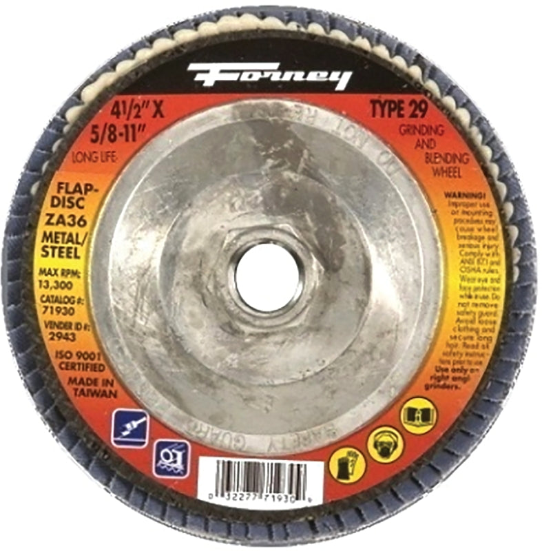 Forney 71930 Flap Disc, 4-1/2 in Dia, 5/8-11 Arbor, 36 Grit, Medium, Zirconium Alumina Abrasive, Fiberglass Backing