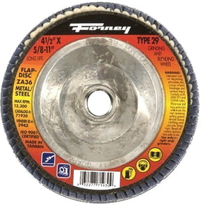 Forney 71930 Flap Disc, 4-1/2 in Dia, 5/8-11 Arbor, 36 Grit, Medium, Zirconium Alumina Abrasive, Fiberglass Backing