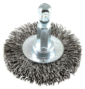 Forney 72725 Wire Wheel Brush, 1-1/2 in Dia, 1/4 in Arbor/Shank, Crimped Bristle, 0.012 in Dia Bristle, HCS Bristle