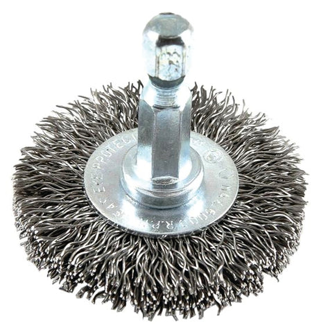 Forney 72725 Wire Wheel Brush, 1-1/2 in Dia, 1/4 in Arbor/Shank, Crimped Bristle, 0.012 in Dia Bristle, HCS Bristle