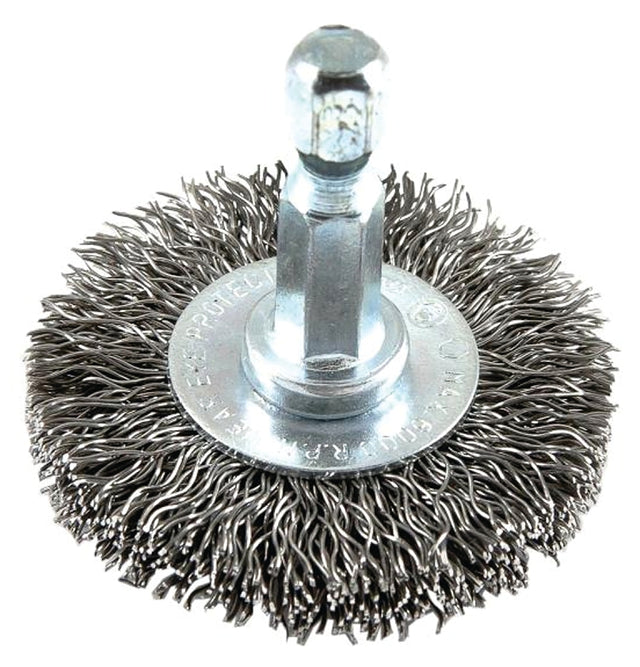 Forney 72725 Wire Wheel Brush, 1-1/2 in Dia, 1/4 in Arbor/Shank, Crimped Bristle, 0.012 in Dia Bristle, HCS Bristle