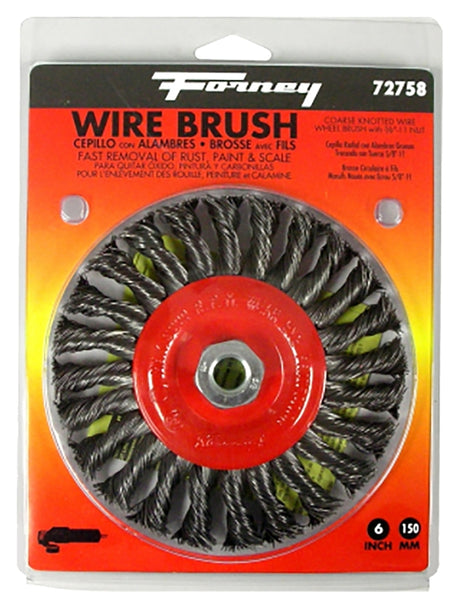 Forney 72758 Wire Wheel Brush, 6 in Dia, 5/8-11 Arbor/Shank, Twist Knot Bristle, 0.02 in Dia Bristle