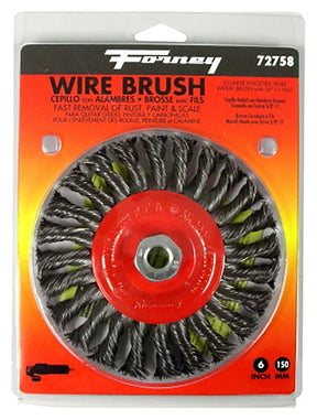 Forney 72758 Wire Wheel Brush, 6 in Dia, 5/8-11 Arbor/Shank, Twist Knot Bristle, 0.02 in Dia Bristle