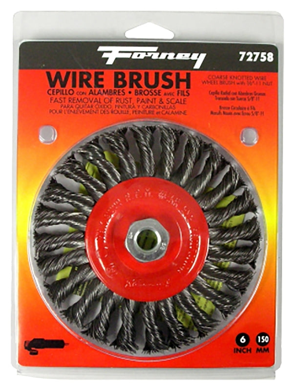 Forney 72758 Wire Wheel Brush, 6 in Dia, 5/8-11 Arbor/Shank, Twist Knot Bristle, 0.02 in Dia Bristle