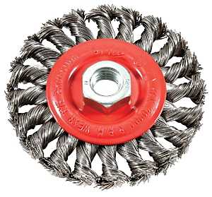 Forney 72759 Wire Wheel Brush, 4 in Dia, 5/8-11 Arbor/Shank, Twist Knot Bristle, 0.02 in Dia Bristle