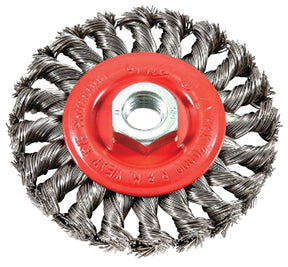 Forney 72759 Wire Wheel Brush, 4 in Dia, 5/8-11 Arbor/Shank, Twist Knot Bristle, 0.02 in Dia Bristle