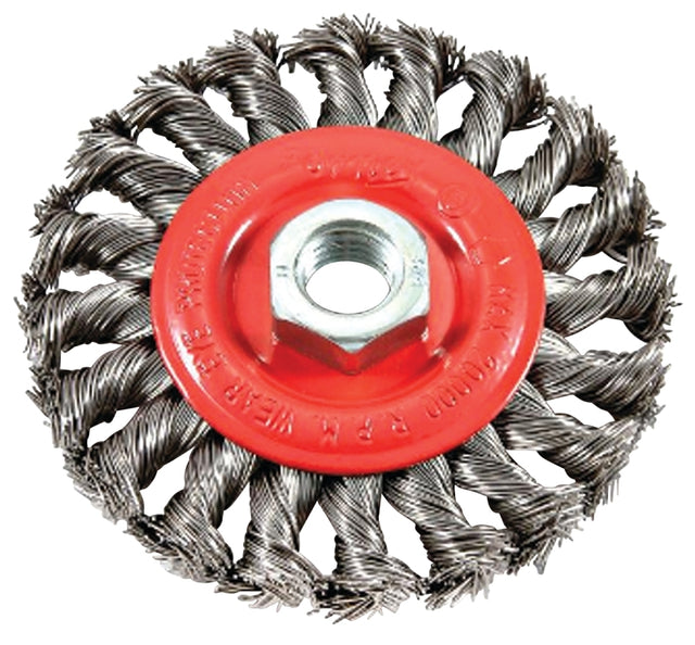 Forney 72759 Wire Wheel Brush, 4 in Dia, 5/8-11 Arbor/Shank, Twist Knot Bristle, 0.02 in Dia Bristle