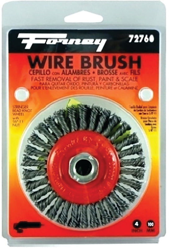 Forney 72760 Wire Wheel Brush, 4 in Dia, 5/8-11 Arbor/Shank, Stringer Bead Bristle, 0.02 in Dia Bristle