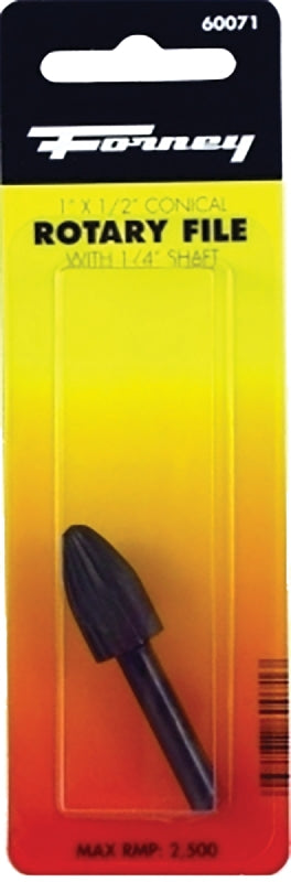 Forney 60071 Conical Shaped Rotary File with Rounded End, 1/2 in Dia Cutting, 1 in L Cutting, 1/4 in Dia Shank, Steel