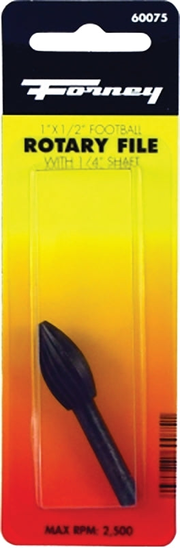 Forney 60075 Football Shaped Rotary File, 1/2 in Dia Cutting, 1 in L Cutting, 1/4 in Dia Shank, Steel