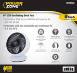 PowerZone QT-U608C USB Oscillating Fan, 5 VAC, 6 in Dia Blade, 3-Speed, 90 deg Rotating, White