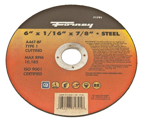 Forney 71791 Cut-Off Wheel, 6 in Dia, 1/16 in Thick, 7/8 in Arbor, 46 Grit, Medium, Aluminum Oxide Abrasive